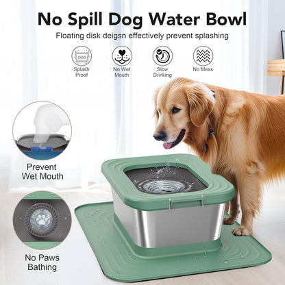 Decflow 10L Stainless Steel Dog Water Bowl, No Spill Anti-Splash Dog Bowls with XXL Silicone Mat, Spill-Proof Slow Feeder for Messy Drinkers, Heavy Duty Pet Bowls for Indoor/Outdoor Use Grey