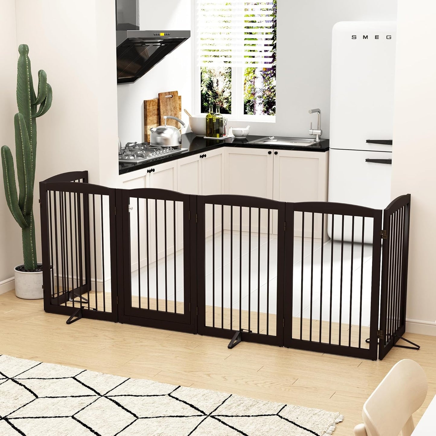 PUPETPO Freestanding Dog Gate with Door, Pet Gate for Stairs, 80 inch Wide Pet Barrier Indoor, Dog Fences Indoor, Support Feet Included, 4 Panels, 24" Tall, Dark Brown