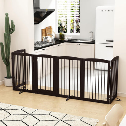 PUPETPO Freestanding Dog Gate with Door, Pet Gate for Stairs, 80 inch Wide Pet Barrier Indoor, Dog Fences Indoor, Support Feet Included, 4 Panels, 24" Tall, Dark Brown