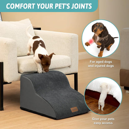 COZY KISS Dog Stairs for Small Dogs 15.7" H, Curved Dog Step for Puppy, Older Cat, Medium Pet Ramp for Sofa, Couch or Chair, Ladder with High Density Foam, 3 Step, 15.7x22.4x15.7 inch, Beige