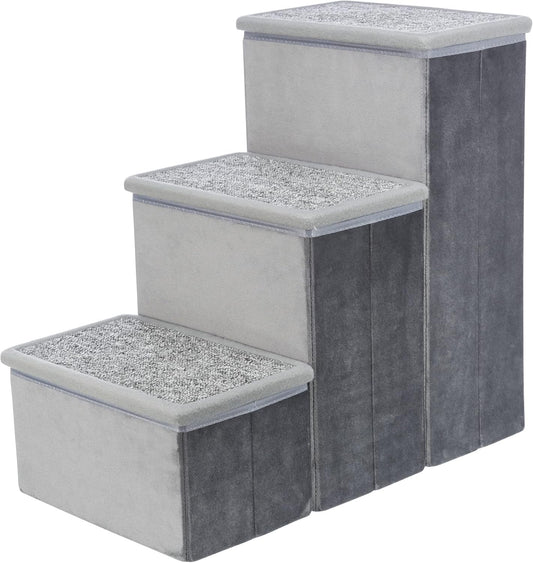 Trixie Velour Dog Stairs with Tread Steps - 4 Step Pet Stairs for Beds and Couches - Foldable with Additional Storage Space - Gray