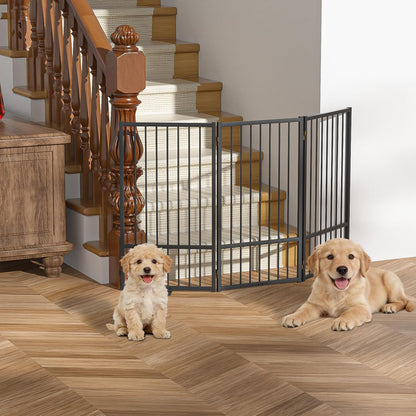 SNUOWU Full Metal Freestanding Dog Gate with Door, 32''Height Foldable Pet Dog Fence for Indoor & Outdoor, 4 Panels Extra Wide Free Standing TallDog Gates for Doorways,House,Stairs,Porch,Deck,Yard