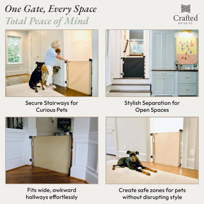 Crafted Gates Oil Waxed Canvas Fabric Retractable Dog Gate Indoor & Outdoor 27.6"–55" Wide x 33" Tall – Premium Designer-Grade Stair Gate for Dogs, Water Resistant, Scratch-Proof – Black