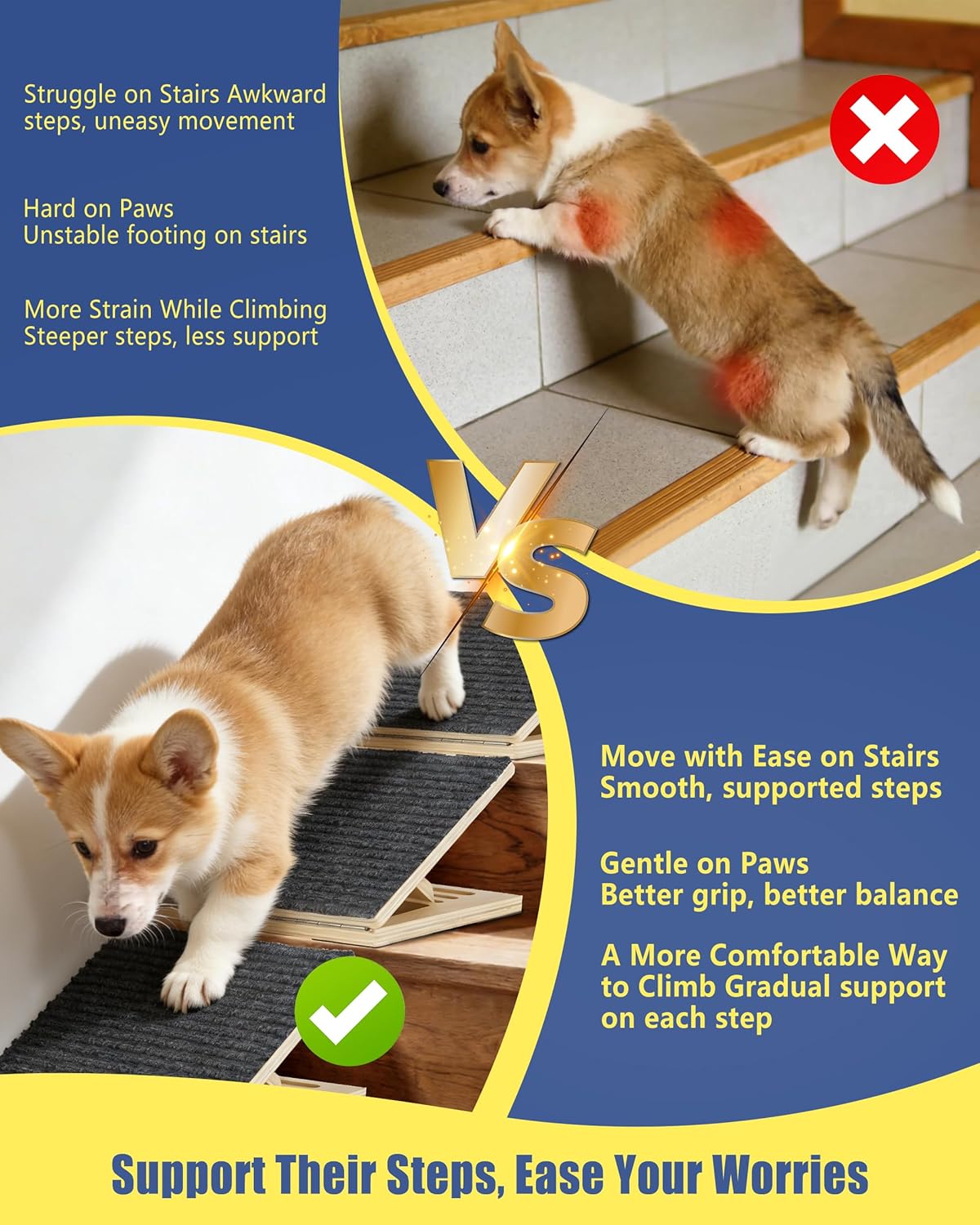 Anti-Slip Dog Steps for Stairs, 6 Pack Foldable Wooden Pet Ramp for Small Dogs, Low-Angle Stair Support for Senior, Injured, Short-Legged & Mobility-Limited Pets