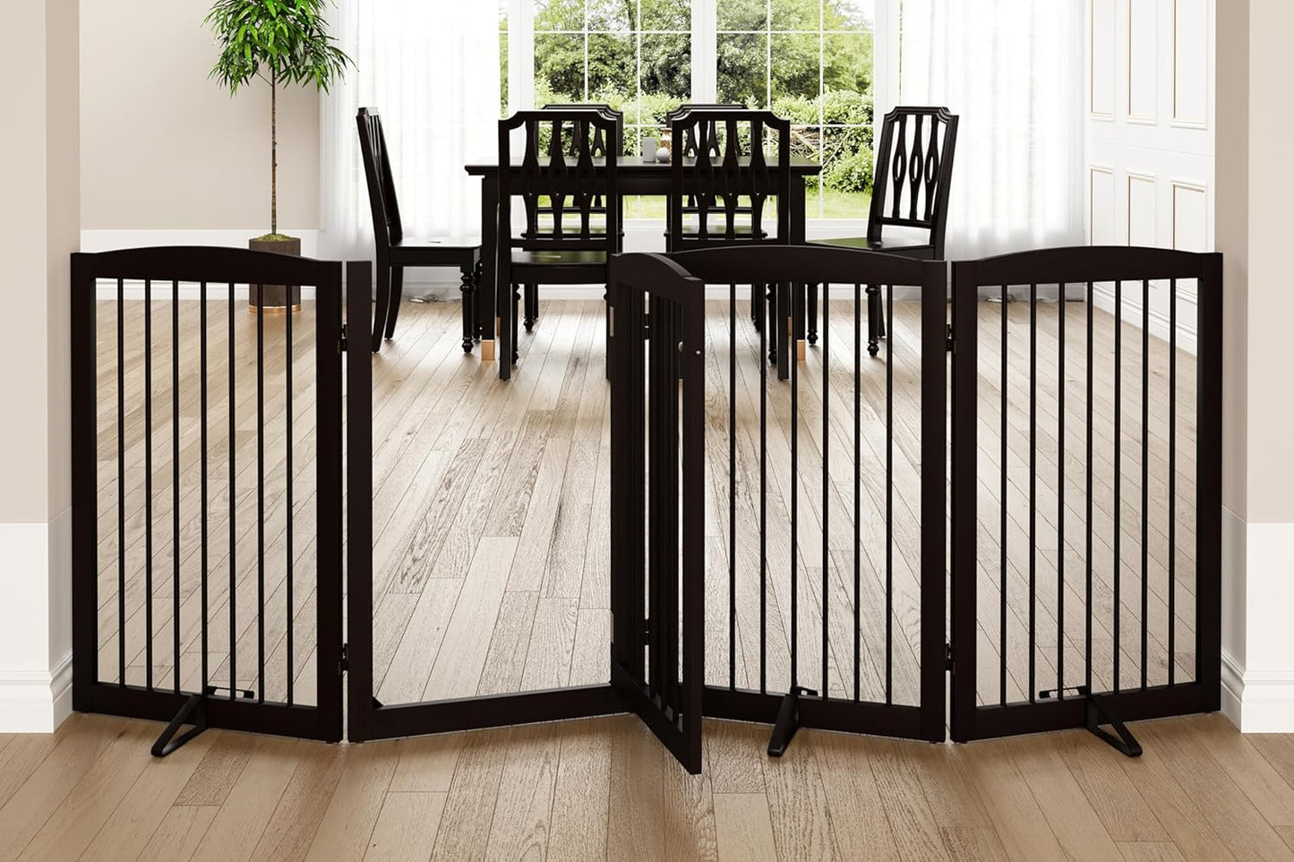 PUPETPO Freestanding Dog Gate with Door, Pet Gate for Stairs, 80 inch Wide Pet Barrier Indoor, Dog Fences Indoor, Support Feet Included, 4 Panels, 24" Tall, Dark Brown