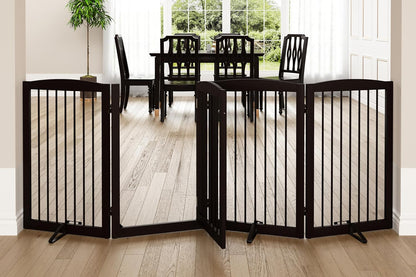PUPETPO Freestanding Dog Gate with Door, Pet Gate for Stairs, 80 inch Wide Pet Barrier Indoor, Dog Fences Indoor, Support Feet Included, 4 Panels, 24" Tall, Dark Brown