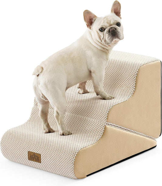 COZY KISS Dog Stairs for Small Dogs, 3-Step 2 in 1 Transformable Pet Stairs for Couch and Bed, 15.7" H Dog Steps for Old Cats, Puppy, Small Dogs (Beige, 17.7x28.3x19.7 in, 4.0)