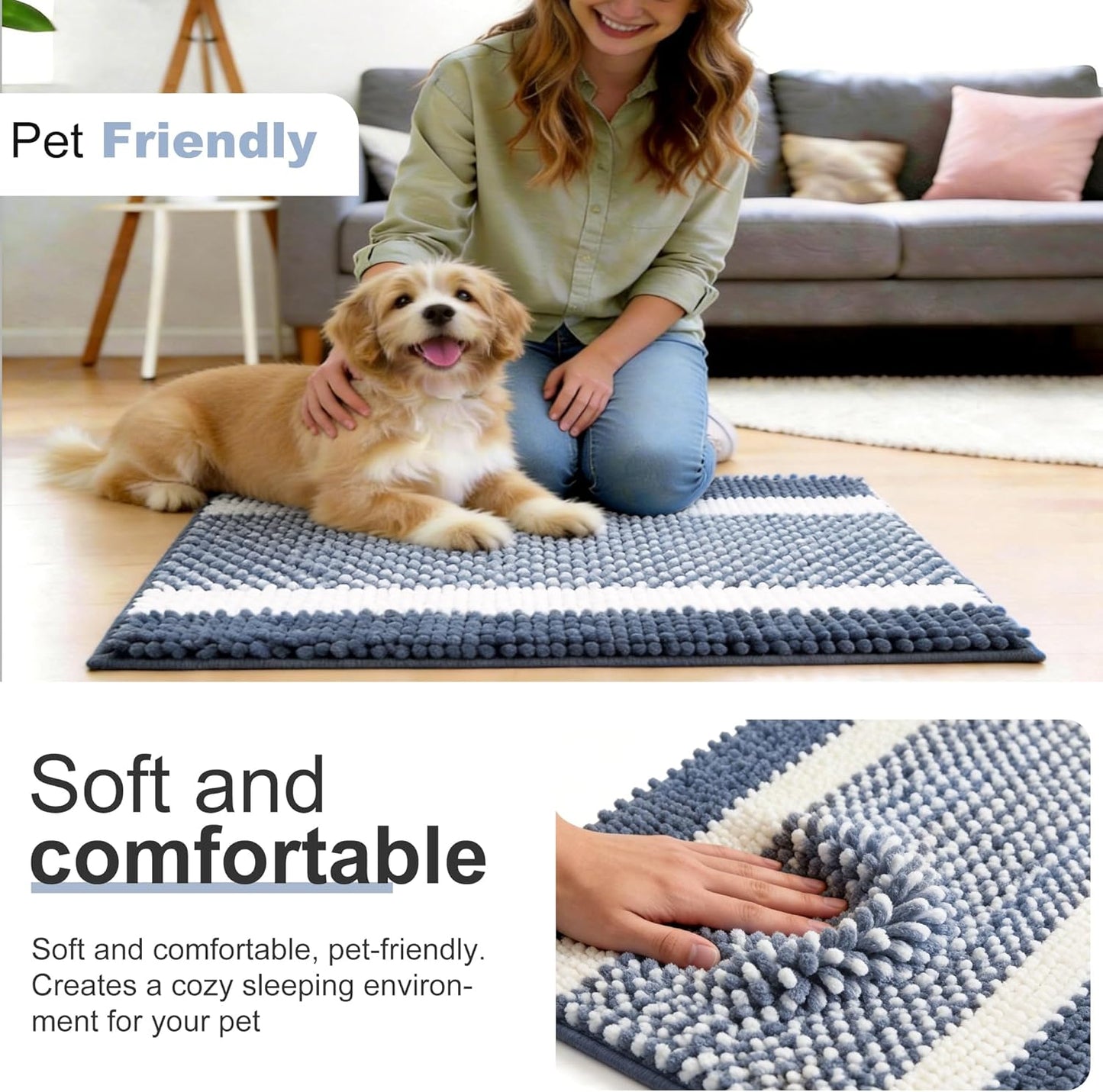 pobopobo Dog Door Mat for Muddy Paws - Absorbent & Washable Chenille Rug, Non-Slip Dirt Trapper for Indoor Outdoor Entryway, Quick Dry Pet Mat for Muddy Dogs (Striped Gray-Blue&White, 24" x 16")