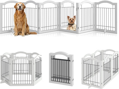 Vantas Espresso Wooden Folding Dog Gate 144" Wide x 30" Tall with Door, Freestanding Pet Gate, Pet Puppy Safety Fence