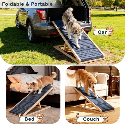 Folding Dog Ramp for Small & Medium Dogs, 39”L Wooden Pet Ramp with 4 Adjustable Heights 11”-23”, Non-Slip Dog Ramp for Bed, Couch & Car, Indoor Outdoor Travel Use