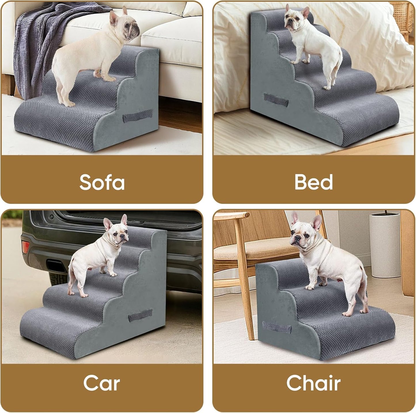 PAWSCRAT Pet Stairs for Dogs 4-Step, 19.6" H Pet Stairs for High Bed, Couch Sofa & Chair, 30D Material Soft Foam Dog Steps with Non-Slip Bottom Surface Removable Washable Cover, Grey