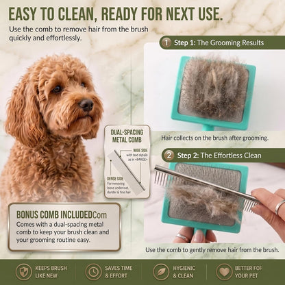Slicker Brush for Doodles and Poodles - 2-Piece Solid Wood Dog Grooming Set with Extra Long Pin Dematting Tool and Metal Comb for Curly, Matted & Thick Hair, Purple