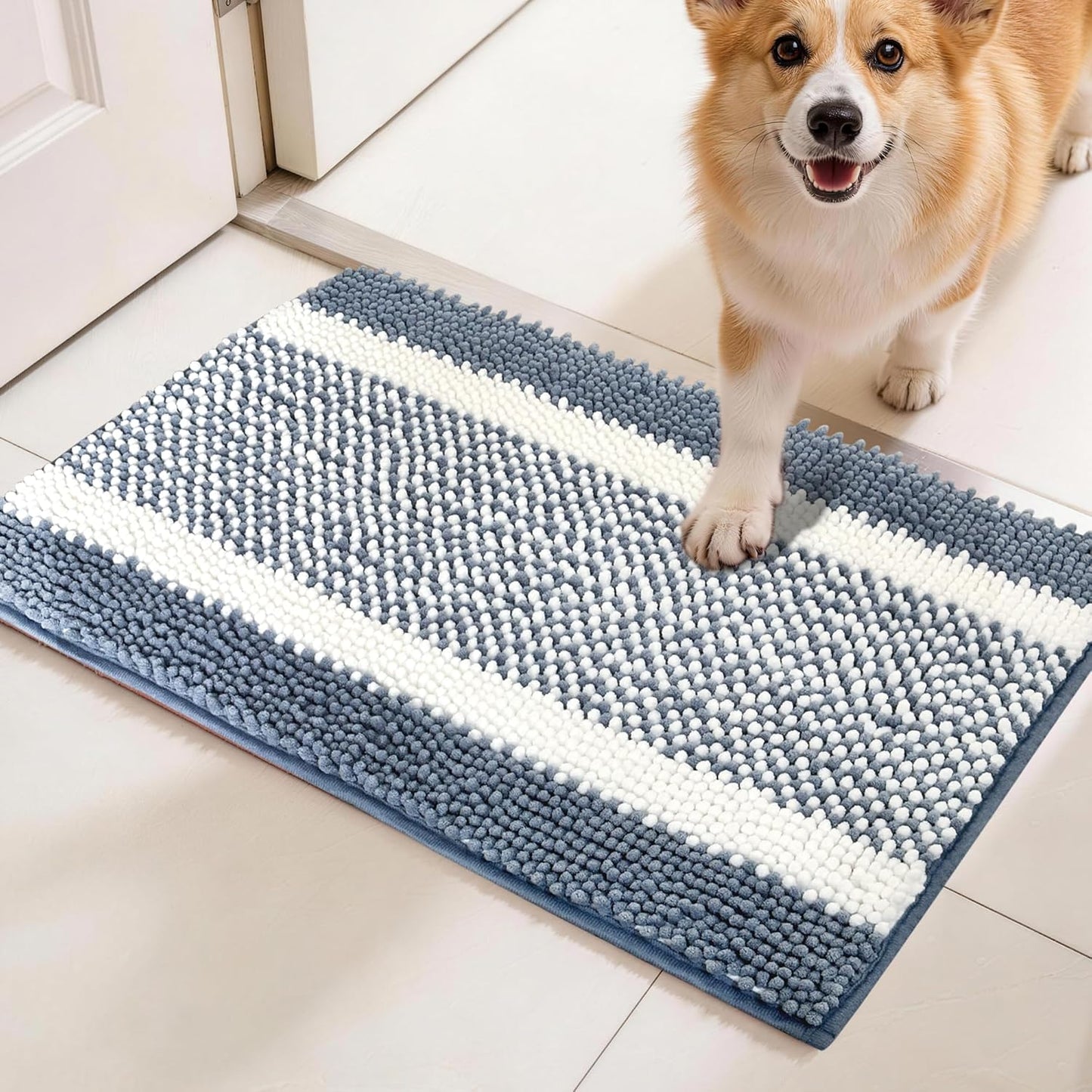 pobopobo Dog Door Mat for Muddy Paws - Absorbent & Washable Chenille Rug, Non-Slip Dirt Trapper for Indoor Outdoor Entryway, Quick Dry Pet Mat for Muddy Dogs (Striped Gray-Blue&White, 24" x 16")