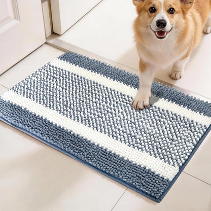 pobopobo Dog Door Mat for Muddy Paws - Absorbent & Washable Chenille Rug, Non-Slip Dirt Trapper for Indoor Outdoor Entryway, Quick Dry Pet Mat for Muddy Dogs (Striped Gray-Blue&White, 24" x 16")