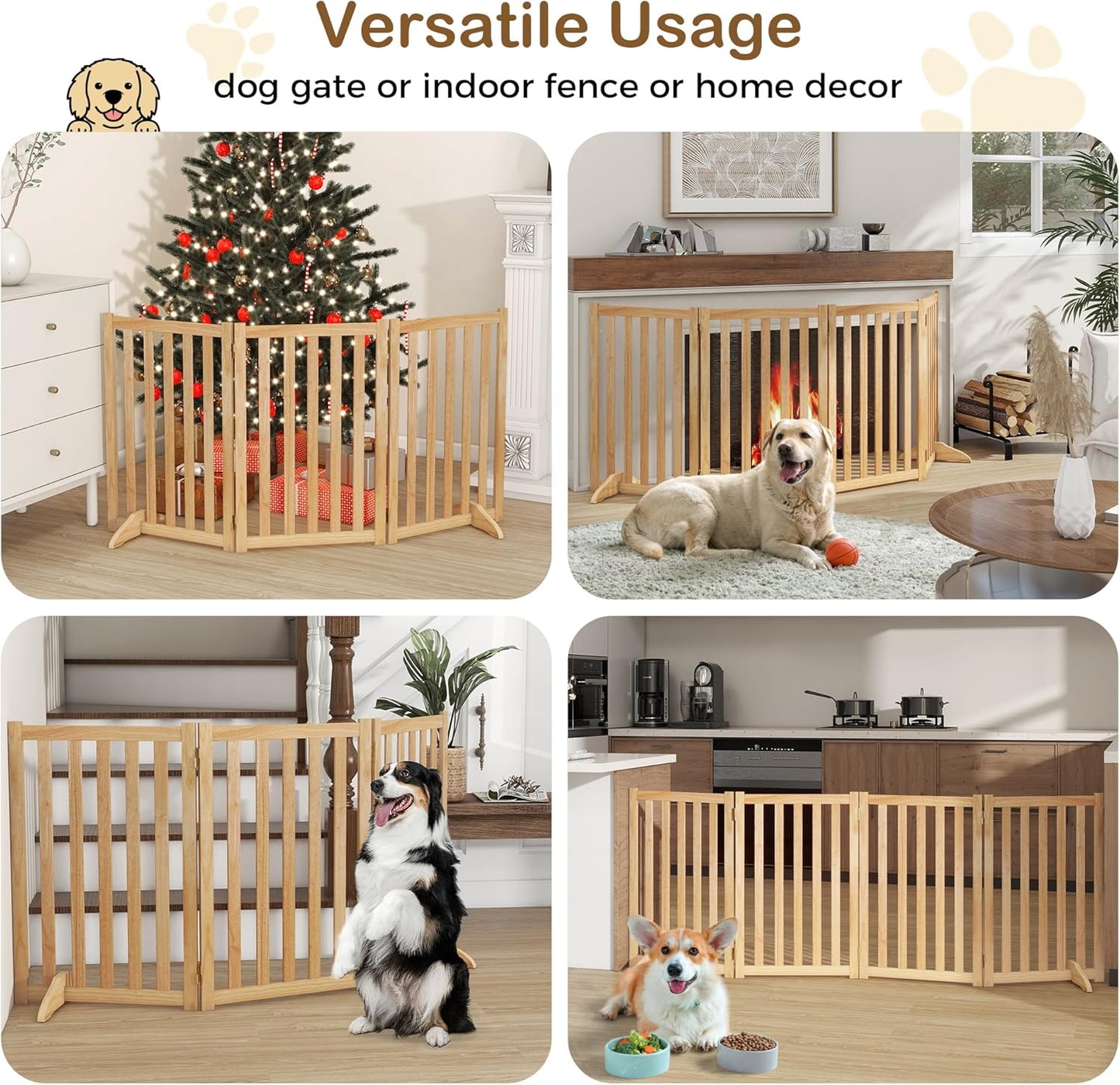 36" Height Extra Tall Freestanding Pet Gate, Solid Wood Folding Safety Fence Wooden Dog Gate with 2 PCs Support Feet Ideal for Stairs, Doorways, Halls, Kitchens, Heavy Duty Gates, 3 Panels, Oak