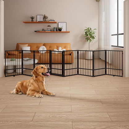 4 Panels Full Metal Freestanding Dog Gates with Door, 80” W x 32” H Folding Pet Gate Fence with Support Feet for Indoor,Stairs, Hallways and Doorways(Black)