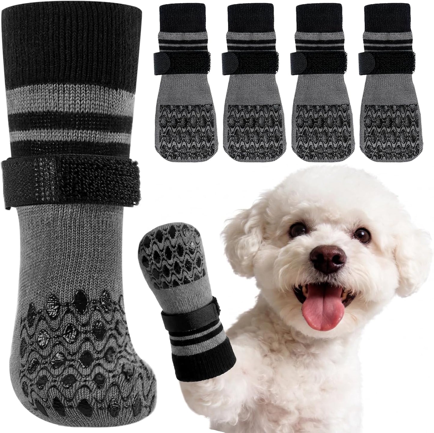 Kuoser Non Slip Dog Socks for Hardwood Floors, Dog Grippy Socks with Double-Sided Traction, Anti Slip Dogs Booties Paw Protectors to Prevent Licking Paws for Small Medium Large Senior Dogs, 4 Pack-M
