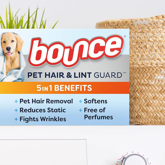 Bounce Pet Hair and Lint Guard Mega Dryer Sheets with 3X Pet Hair Fighters, Unscented, 130 Count