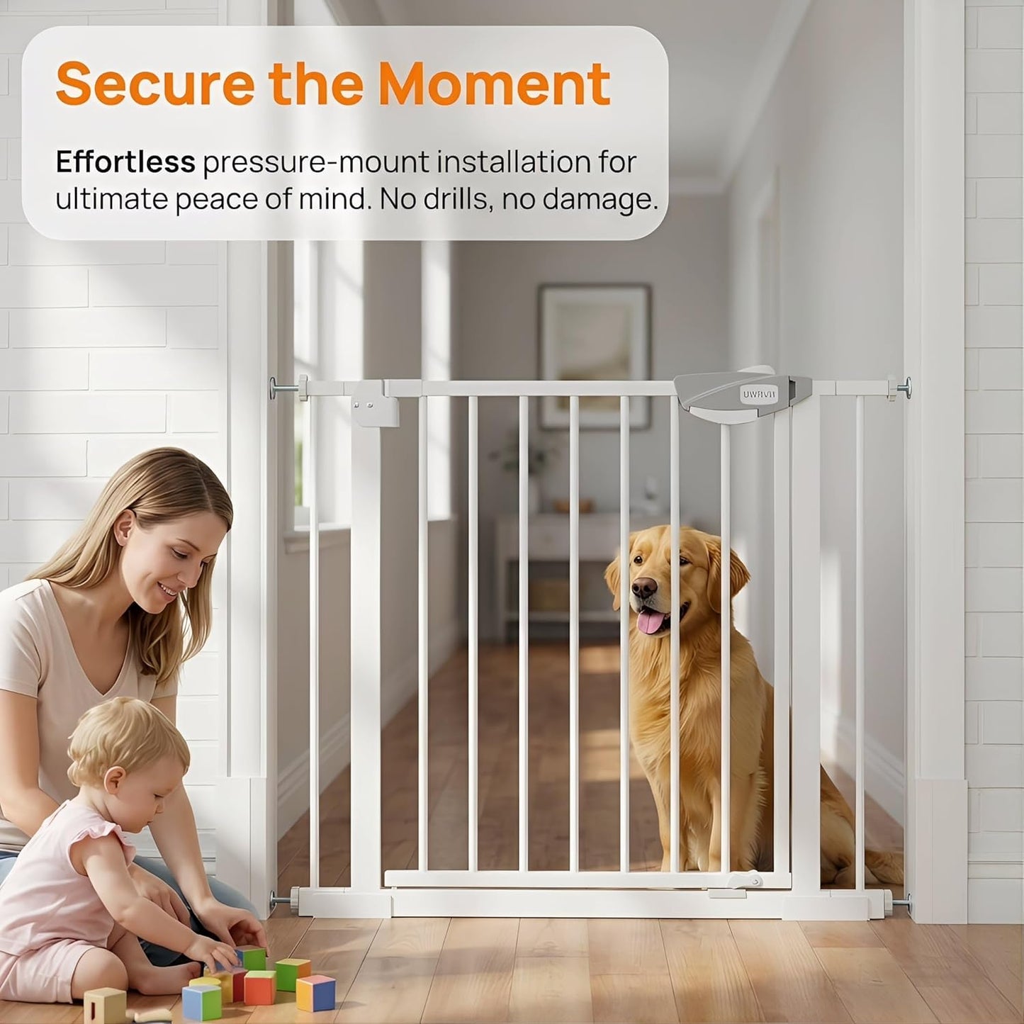 Safety Gate for Stairs & Doorways, Auto-Close Baby Gate or Dog Gate – Pressure Mount No Drilling, 30" Tall All Metal Frame with Dual Locking System (White, 30" Tall 29"-33" Wide)