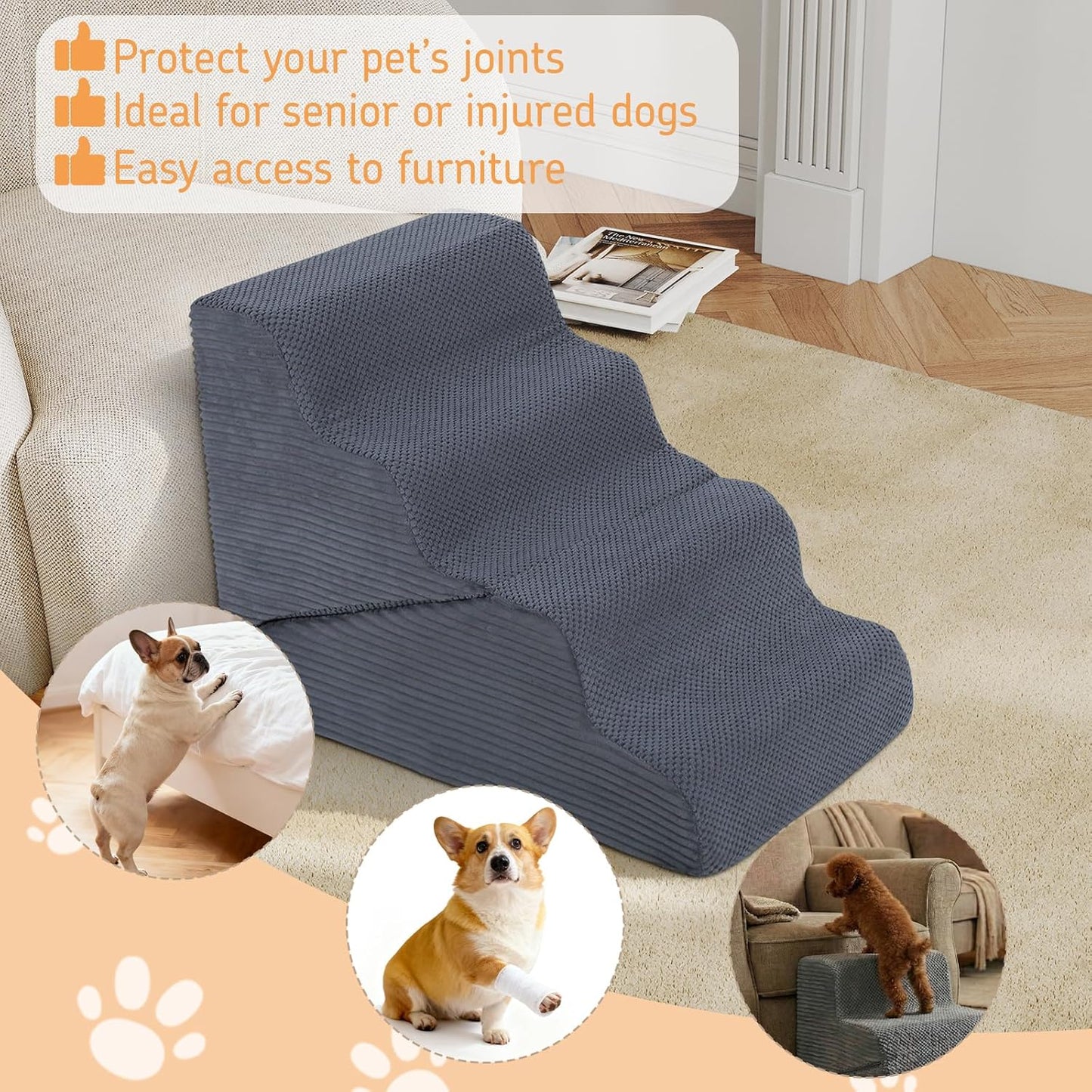 Dog Ramp for Bed, 23" H Dog Stairs for High Bed, 2 in 1 Pet Steps for Small Dogs, 5-Step Foldable Transformable Large Cats Ramp to Get on Couch, Non-Slip Balanced, Grey