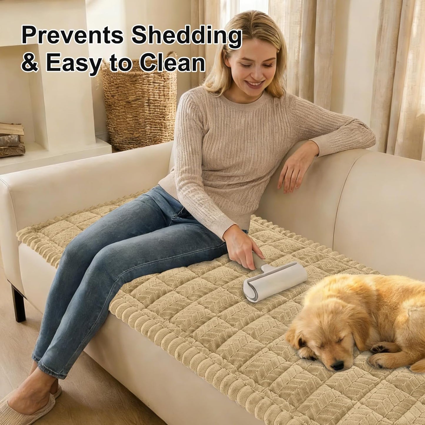 Smiry Non Slip Couch Covers for Dogs, Fuzzy Pet Couch Covers for 2-3 Cushion Sofa Pet Friendly, Soft Sofa Slipcovers Cushion Furniture Protector Washable (Beige, 27.6" x 59")