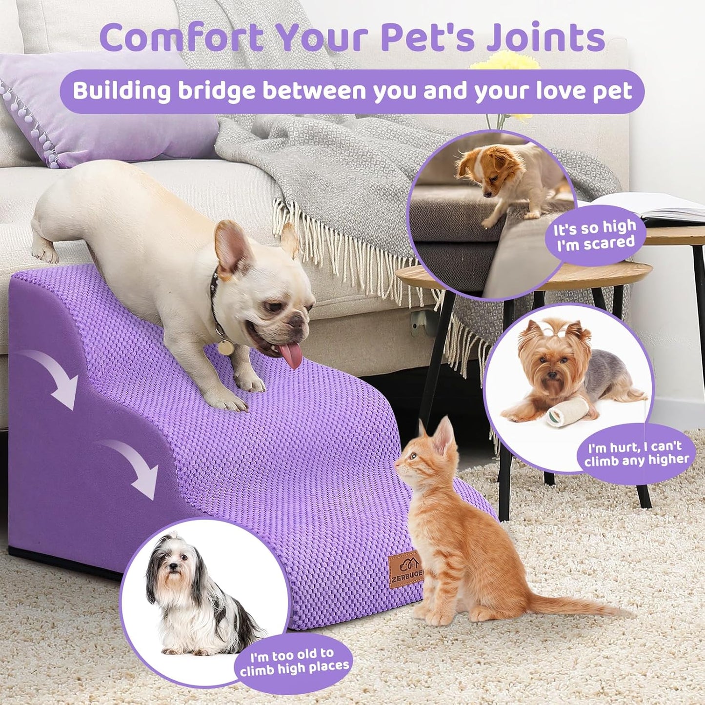 Zerbuger Dog Ramp and Stair for Bed 16" H-20 H,3-Step Cat Stair for Sofa and Chair,4-Step Dog Ramp for High Bed and Window,Durable Nonslip Fabric Cover for Indoor (Purple-20 H, Pet Friendly, 4)