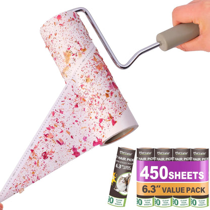Extra Sticky Large Surface Lint Roller, 6.3'' Giant Lint Roller for Pet Hair, 450 Sheets/ 5 Refills, Long Handle Lint Remover for Clothes, Furniture, Dog & Cat Hair Remover