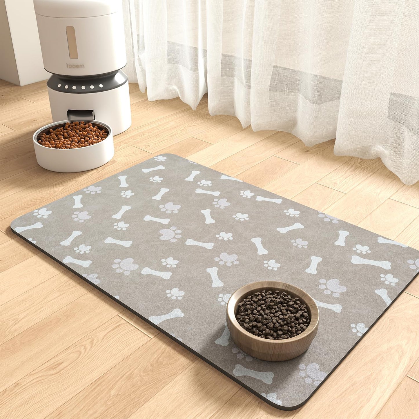 MontVoo Dog Food Mat-Pet Feeding Mat for Food and Water-No Stains Quick Dry Dispenser Cat Bowl Mat for Messy Drinkers(12"x19" Dark Grey)