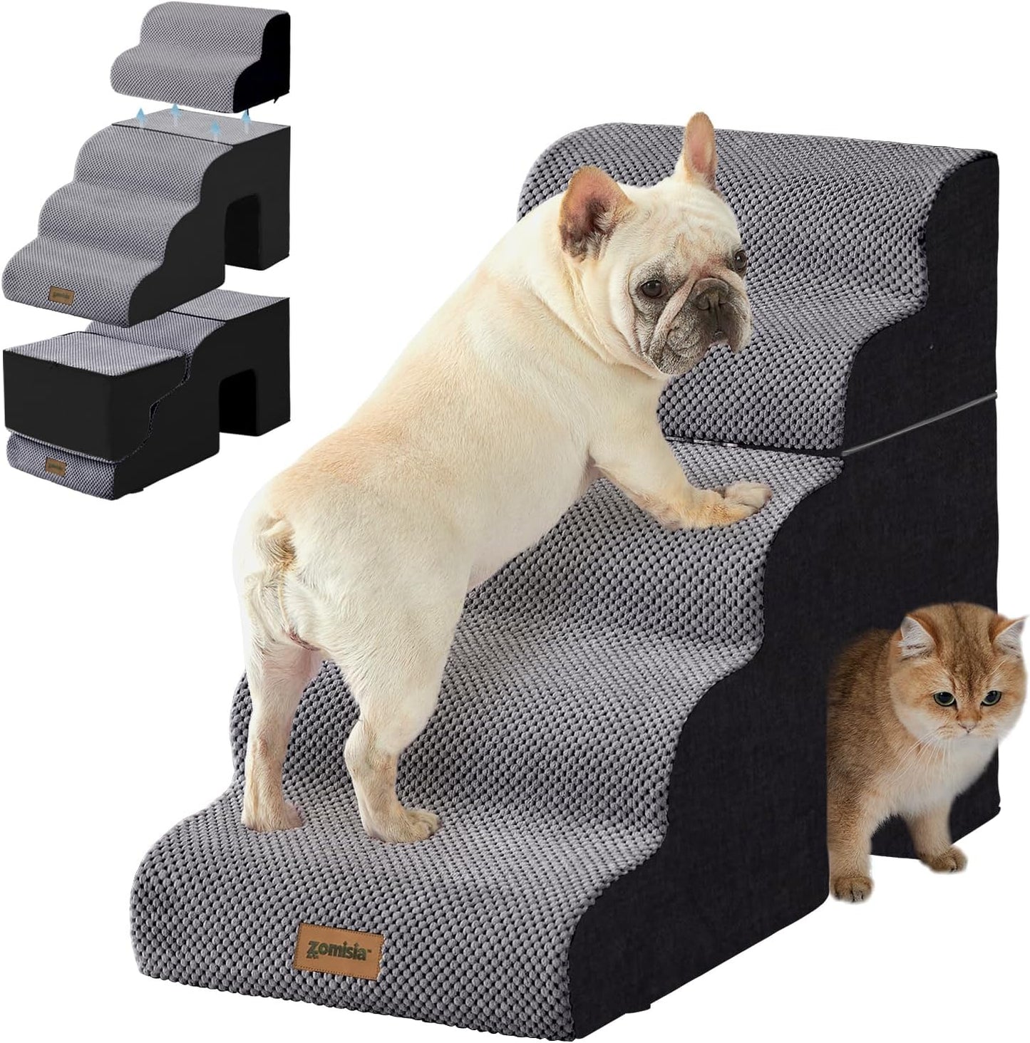 ZOMISIA Dog Ramp for Large Dogs - 24"H 5-Step Pet Stairs for High Beds with Tunnel, 2-in-1 Design with Zippers, Suitable for Indoor Cat Ladders with Non-Slip Bottom, Beige