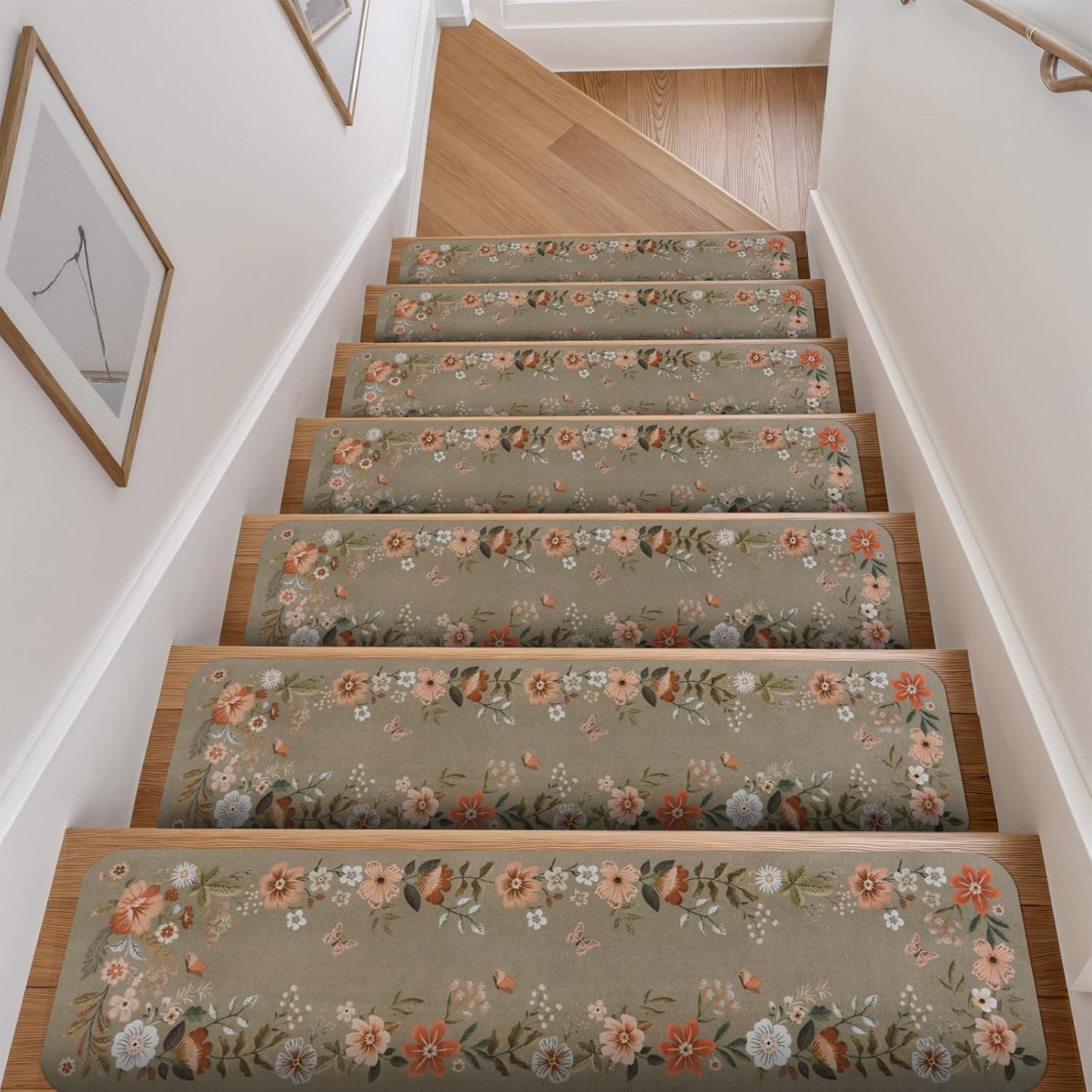 OJIA Floral Stair Treads Non-Slip Carpet Stair Treads for Wooden Steps Indoor 15PCS 30"x8" Stair Runner Stair Mats Staircase Step Treads for Kids, Elders and Dogs, Stair Covers, Black