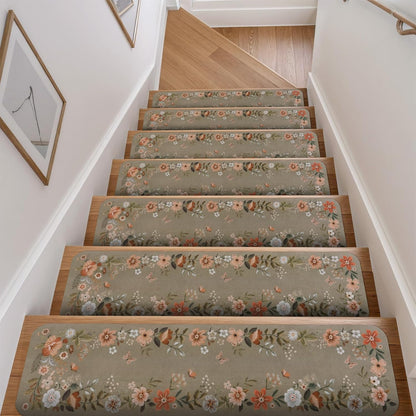 OJIA Floral Stair Treads Non-Slip Carpet Stair Treads for Wooden Steps Indoor 15PCS 30"x8" Stair Runner Stair Mats Staircase Step Treads for Kids, Elders and Dogs, Stair Covers, Black