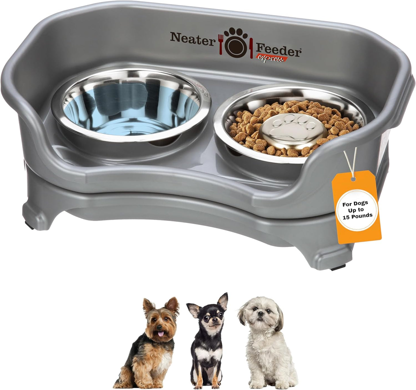 Neater Feeder Express Mess Proof Dog Bowls Elevated for Small Breeds under 15 Lb, Made in USA, No Spill Raised Dog Food Bowl Stand, Stainless Steel Food and Water Bowl Set, Feeding Station, Cappuccino