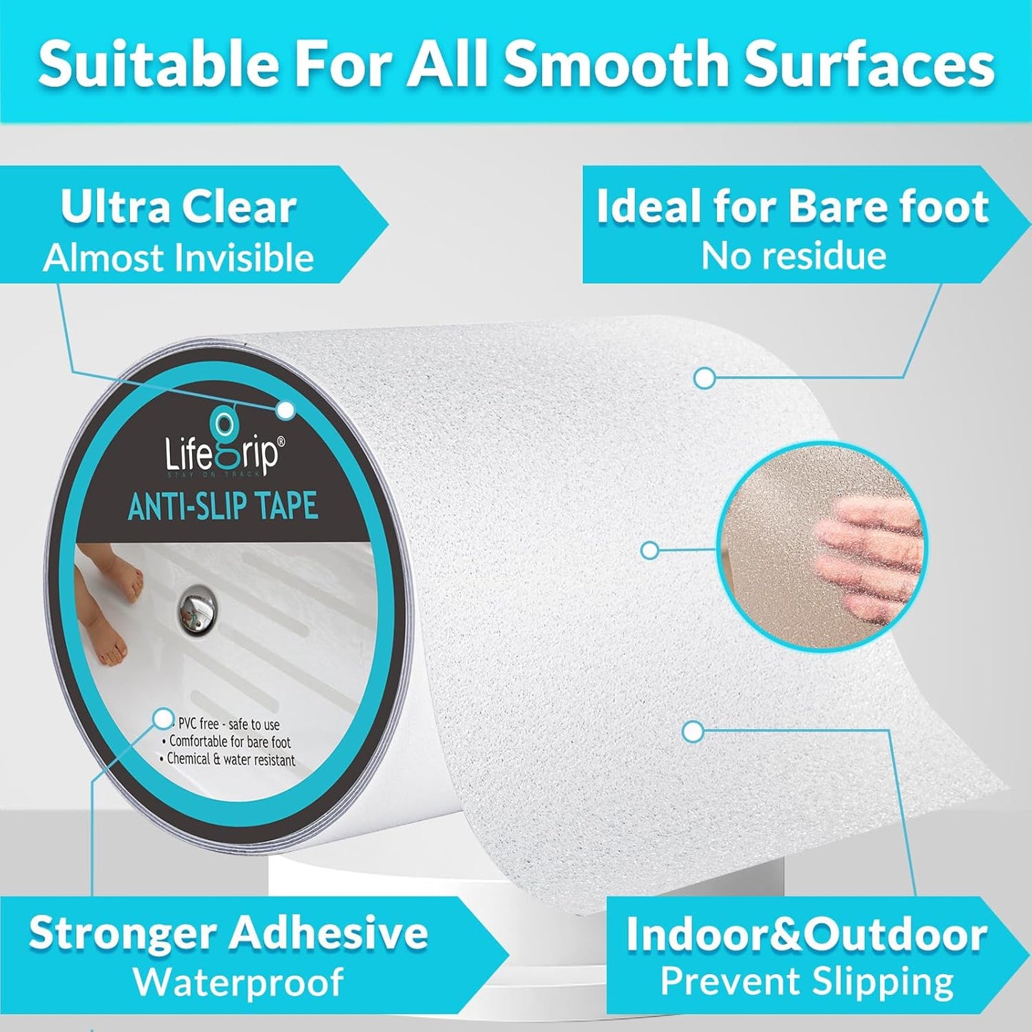 LifeGrip Anti Slip Transparent Anti Slip Tape, 4 inch by 30 feet, Non-Slip Traction Grip Tape to Tubs, Boats, Stairs, Clear, Soft, Comfortable for Bare feet (4" X 30')