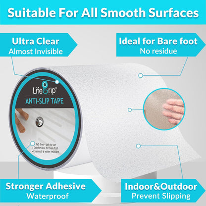 LifeGrip Anti Slip Transparent Anti Slip Tape, 4 inch by 30 feet, Non-Slip Traction Grip Tape to Tubs, Boats, Stairs, Clear, Soft, Comfortable for Bare feet (4" X 30')
