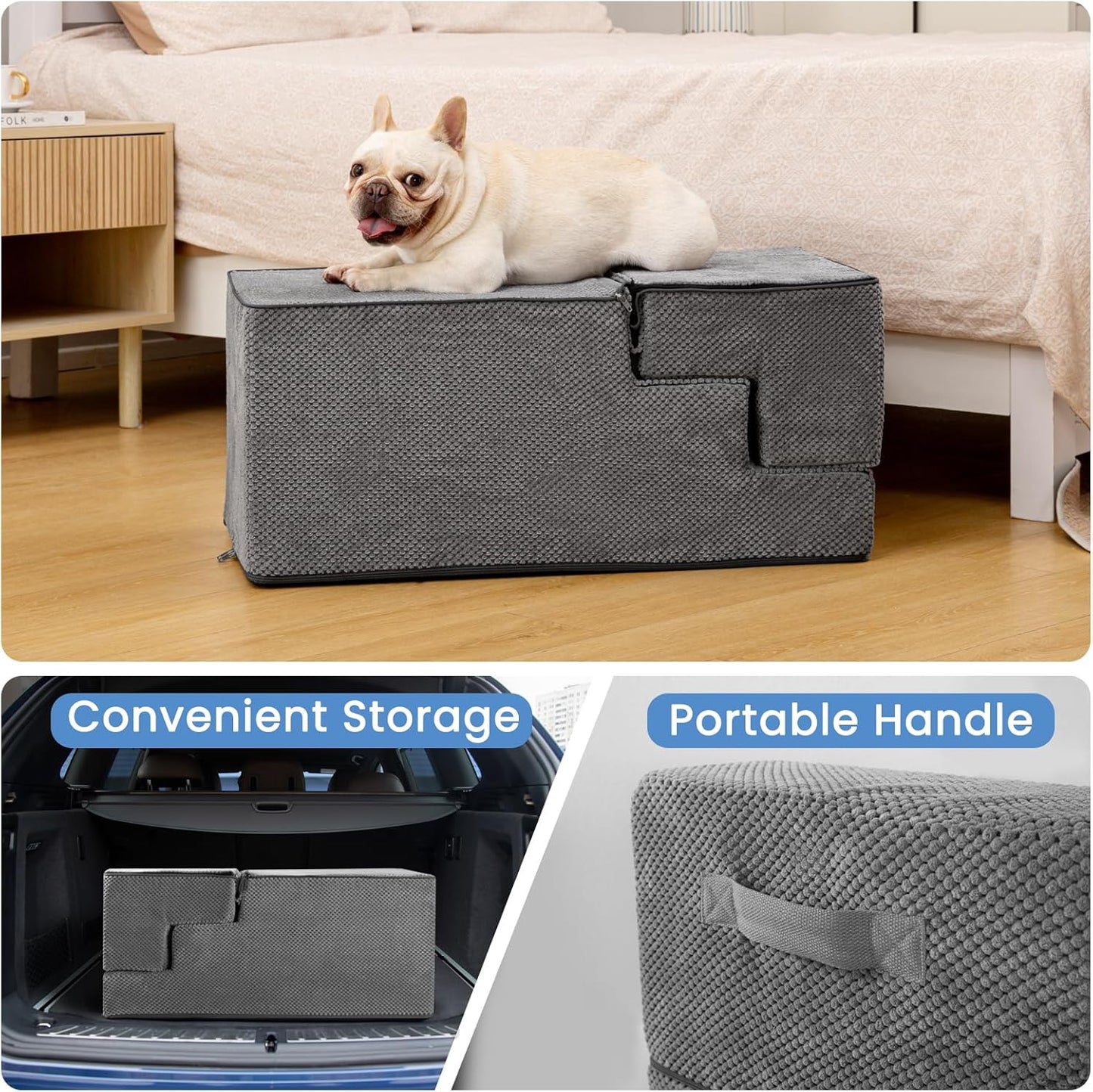 Aodisman Dog Stairs for Small Dogs, 3-Step Non-Slip Pet Stairs for Couch Sofa and Chair, Dog Bed Stairs for Puppy, Older Cat,Grey,13.6" H