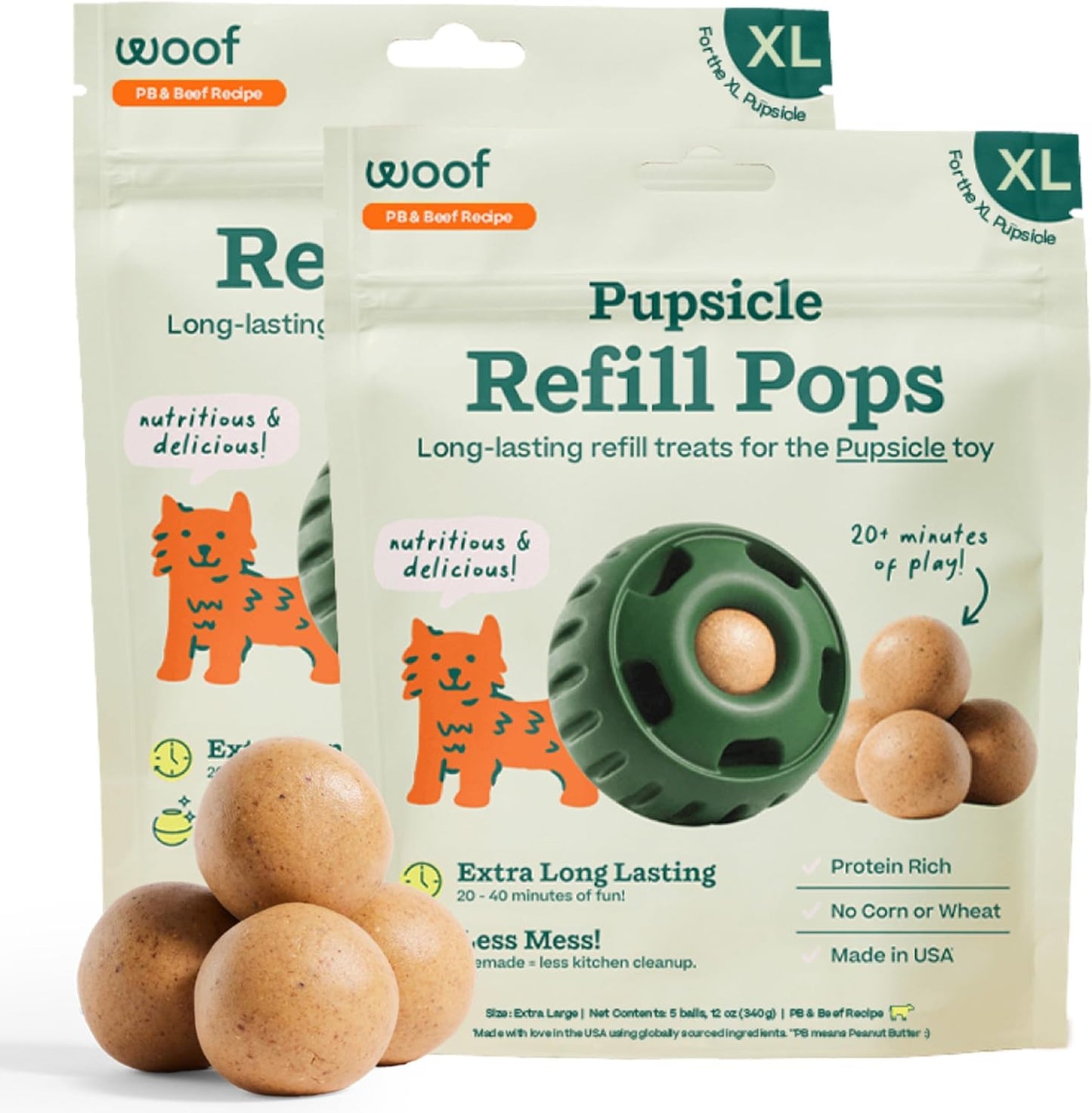 WOOF Pupsicle Refill Pops - Low-Mess Dog Snacks - with Peanut Butter and Beef - Dog Treats - Long Lasting - Large Pops - 7 Count