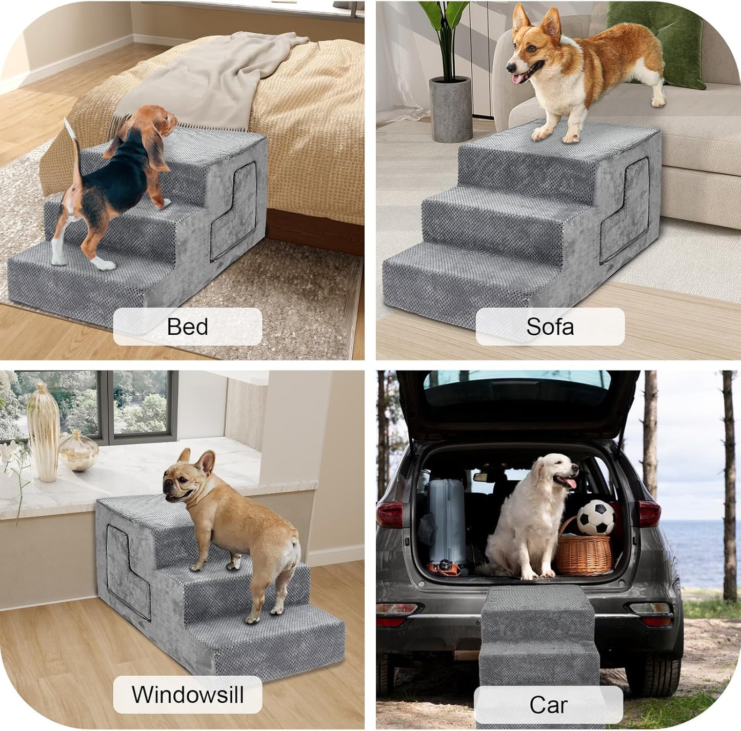 Dog Stairs for Small Dogs, 6-Step Dog Steps for High Bed, High-Density Foam Pet Stairs with Non-Slip Removable Washable Cover to Get on Bed