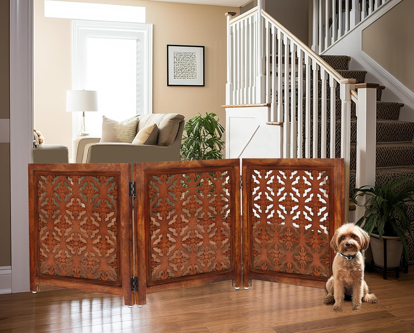 Croft&Cane Wooden Foldable Pet Dog Safety Gate – 3 Panel Freestanding Indoor Pet Fence (20 inches W x 24 inches H) – Hand-Carved Solid Wood & MDF – Fully Assembled - Antique Brown