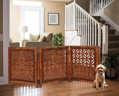 Croft&Cane Wooden Foldable Pet Dog Safety Gate – 3 Panel Freestanding Indoor Pet Fence (20 inches W x 24 inches H) – Hand-Carved Solid Wood & MDF – Fully Assembled - Antique Brown