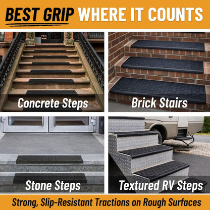 Ottomanson Outdoor Rubber Stair Treads – Ribbed Heavy-Duty Non-Slip Stair Mats – Best Grip on Concrete, Brick & Textured Step – Fastening Recommended for Wooden & RV Steps, Pack of 5