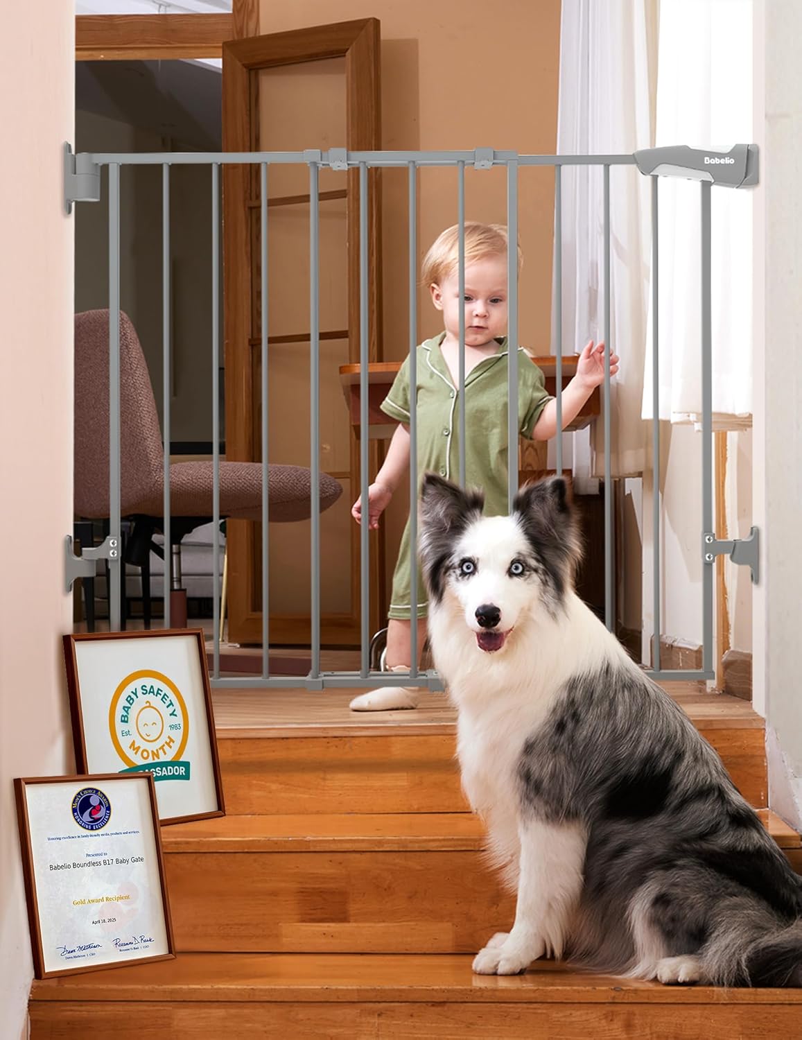 Babelio Baby Gate for Stairs, Kitchen & Doorways, 26-43" W 28" H No Bottom Bar| Easy Installation| One-Handed Operation| Auto-Close| Hardware Mount (Drill Needed) Safety Dog/Pet Gate Indoor (White)