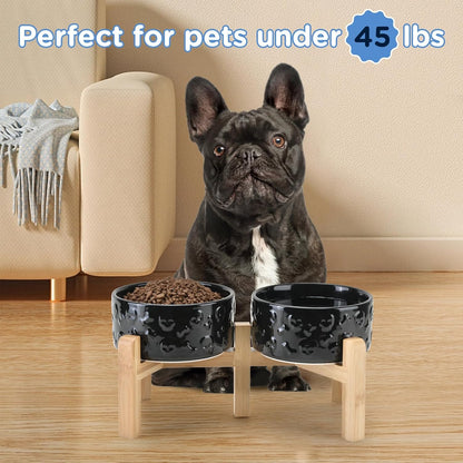 SPUNKYJUNKY Elevated Dog Bowls Ceramic, 6.1'' Dogs and Cat Food Water Bowls Raised with Non-Slip Bamboo Stand for Medium Sized Breed Microwave Dishwasher Safe - 28.7 OZ,Beige
