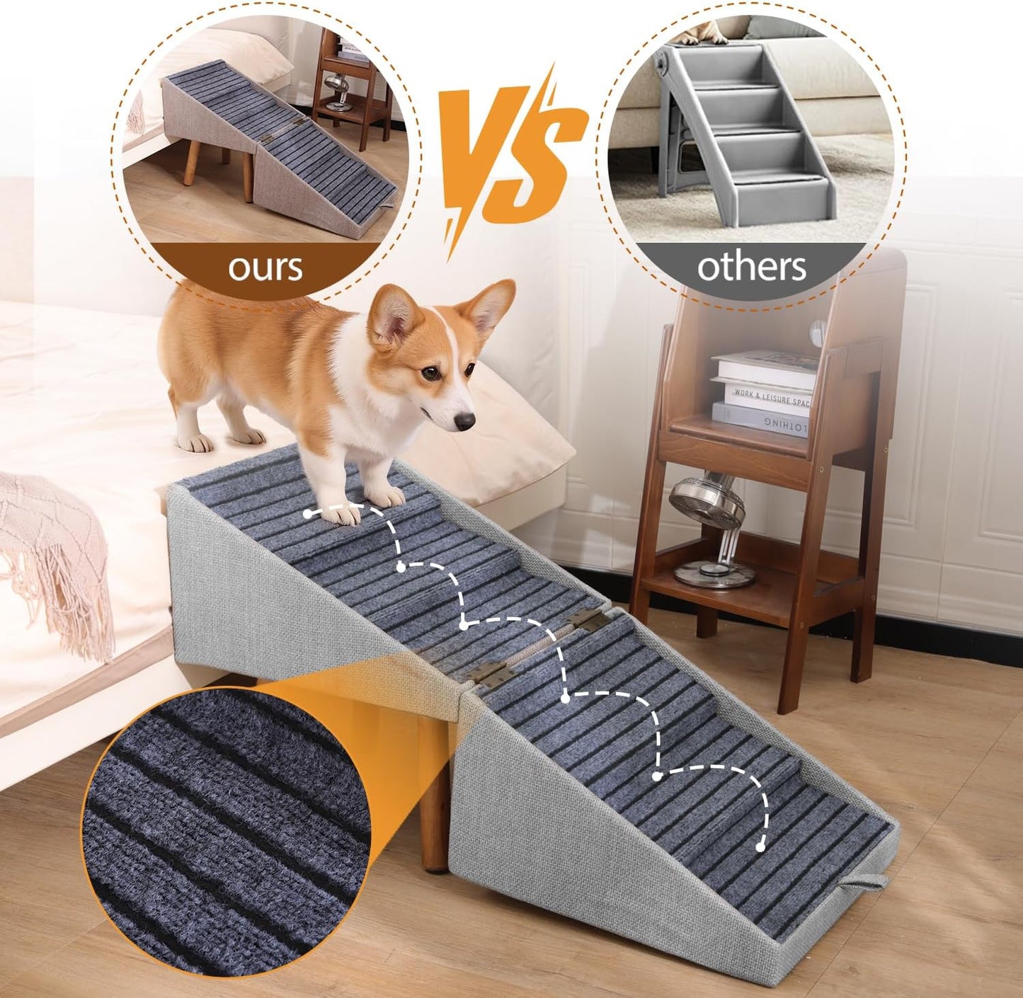 17.13" H Dog Stairs for Small Dogs, 2-in-1 Pet Steps & Ottoman - Foldable Dog Stairs for Couch, Non-Slip Wooden Pet Stairs for Puppy Senior Injured Dogs