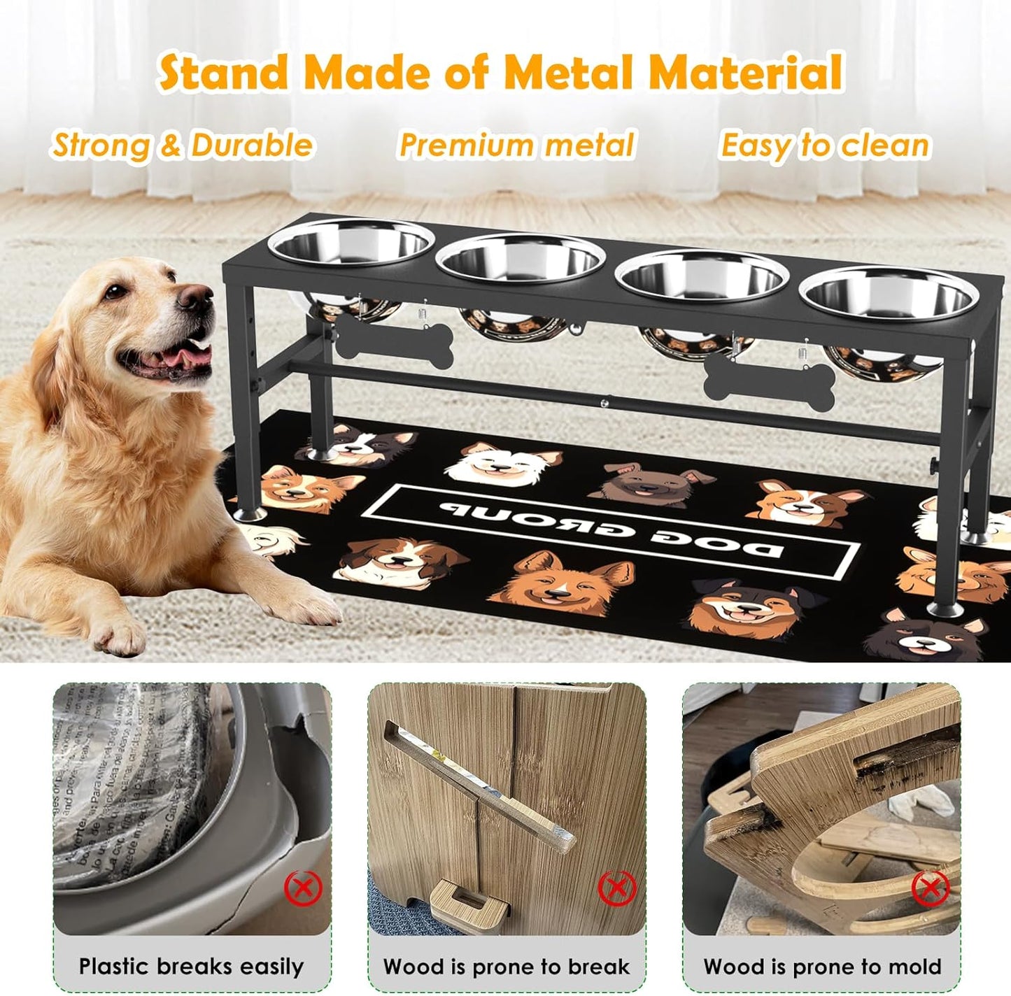 ADENGL Metal Raised Dog Bowl, 10" Tall Elevate Dog Feeder Stand with 2 Stainless Steel 42oz Bowls & 16x24 Non-Slip Mat – Stronger Dogs Food & Water Bowl Stand (Black)