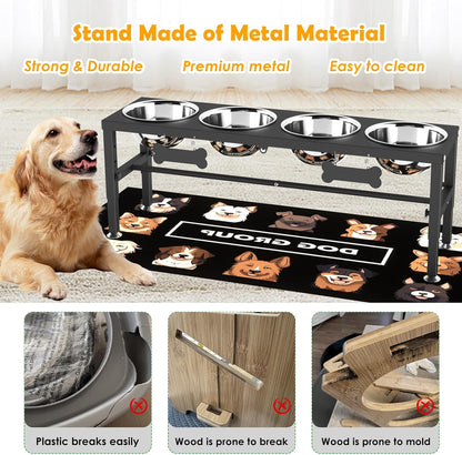 ADENGL Metal Raised Dog Bowl, 10" Tall Elevate Dog Feeder Stand with 2 Stainless Steel 42oz Bowls & 16x24 Non-Slip Mat – Stronger Dogs Food & Water Bowl Stand (Black)