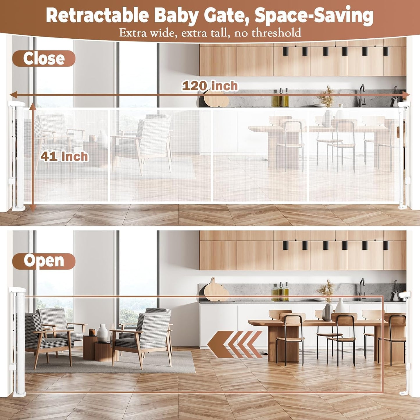 236" Retractable Baby Gate Extra Wide, 41" Tall Retractable Dog Gate for Stairs, Doorways, Decks, Mesh Gate Long Child Gate Pet Gate for Indoor, Outdoor, with Reinforced Mesh Rods, Dual Locks