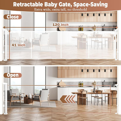 236" Retractable Baby Gate Extra Wide, 41" Tall Retractable Dog Gate for Stairs, Doorways, Decks, Mesh Gate Long Child Gate Pet Gate for Indoor, Outdoor, with Reinforced Mesh Rods, Dual Locks