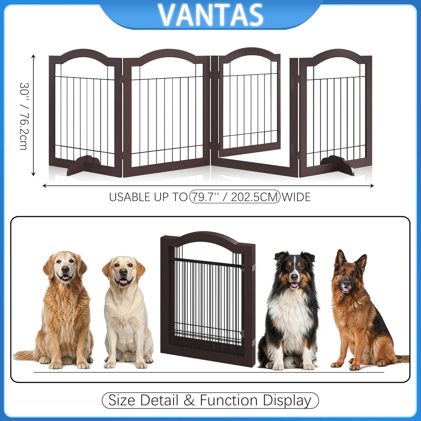 Vantas Espresso Wooden Folding Dog Gate 144" Wide x 30" Tall with Door, Freestanding Pet Gate, Pet Puppy Safety Fence