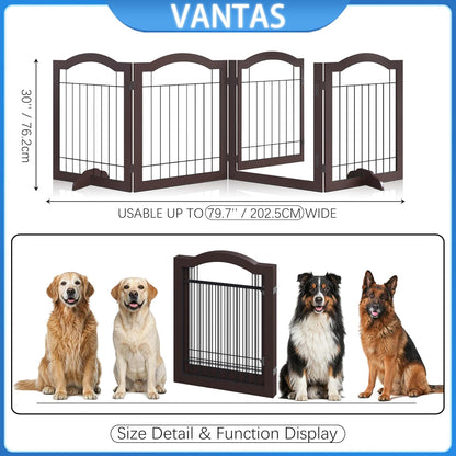Vantas Espresso Wooden Folding Dog Gate 144" Wide x 30" Tall with Door, Freestanding Pet Gate, Pet Puppy Safety Fence