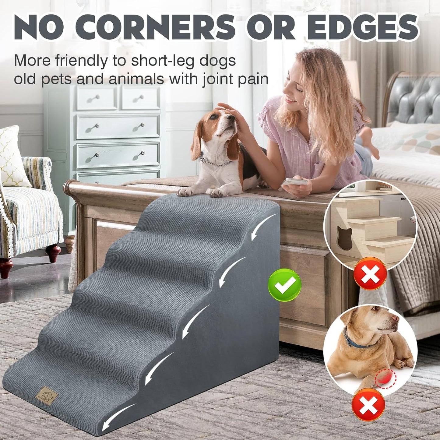 Mestuel 2-Tiers Extended Dog Stairs Steps for Couch Sofa, Dog Stairs for Small Dogs, Pet Stairs Ramp Ladder Friendly to Small Old Joint Injury Dogs Cats,Non-Slip & Washable,Blue
